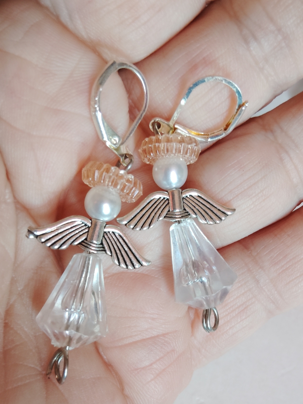 Handmade Angel Crystal Drop Earrings Clear Dress - Silver Wings Pastel Pink Halo